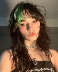 Green Hair Streaks, Hair Color Underneath, Girls With Black Hair, Hair Streaks, Shag Hairstyles, Shag Haircut, Brunette Hair