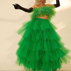 Chic Green Puffy Tulle Floor Length Skirts Ruffle Tiered Tutu Long Formal Skirts Maxi Skirts Custom Ruffle Tulle Top, Tulle Crop Top, Long Skirt Formal, Floor Length Skirts, Green Tulle Skirt, Formal Skirts, Ruffles Top, Green Tutu, Tiered Tulle Skirt