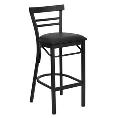 a black metal bar stool with a red padded seat and ladder back, against a white background