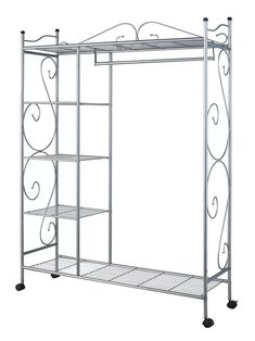 a metal rack with shelves and wheels on the bottom, in front of a white background