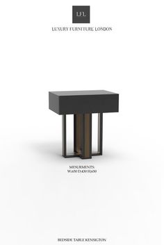 an advertisement for luxury furniture london, featuring a black table with two legs and a wooden base