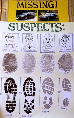 a poster showing the steps to missing suspect's footprints and foot prints on a piece of paper