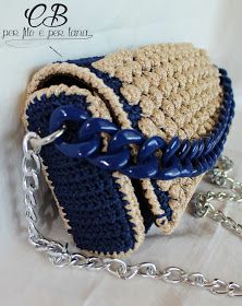 a crocheted purse with chain attached to it