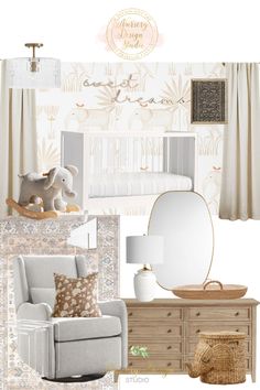 a living room filled with furniture and wallpapers in shades of white, beige and gold