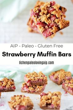 strawberry muffin bars are stacked on top of each other with the words, ap pale - gluten free strawberry muffin bars