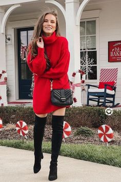 Red Christmas Outfit Women, Turtle Neck Dress Outfit, Sweater Dress Outfit Winter, Red Christmas Outfit, Christmas Outfit Ideas For Women, Sweater Dress Leggings, Dresses For Winter, Angela Lanter, Christmas Sweater Outfits