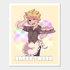 a woman holding a tray with cupcakes on it and the words baker tweek