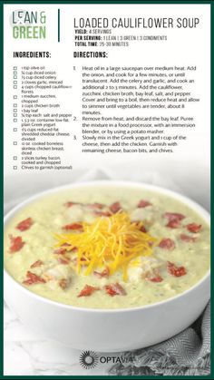 broccoli and cheese soup in a white bowl with instructions on how to make it