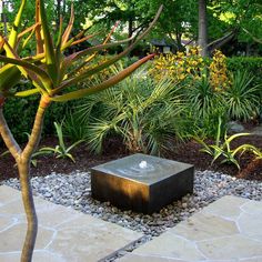 an outdoor fountain surrounded by plants and rocks