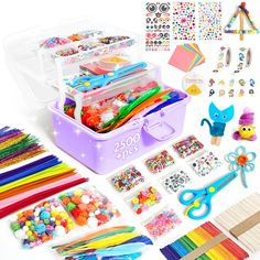 the craft kit is organized and ready to be filled with beads, stickers, pins, scissors, markers, etc