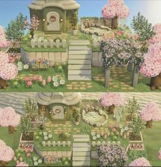 this is an image of a garden with flowers and trees in it, as well as the steps leading up to a house