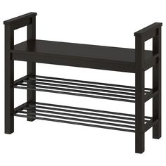 a black wooden bench with two shelves on the bottom and one shelf below it that is open