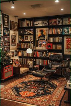 a living room filled with lots of books and furniture