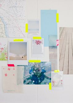 a collage of photos and post - it notes on a white wall with wooden planks