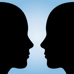 two silhouettes facing each other, one with its head turned to the opposite side