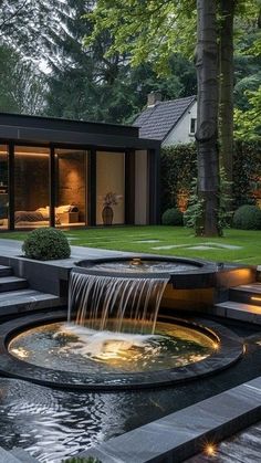 an outdoor garden with water features in the center and steps leading up to the house