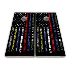 two american flag themed cornhole game boards