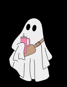 a ghost holding a pink cup with boo - o - weel on it