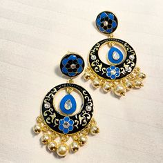 It’s Very Pretty Blue Meenakari Chandbali Earrings And Pearls Drop Earrings. Champagne Diamond Earrings, Bridal Jewellry, Pineapple Earrings, Pearls Earrings, Long Gold Earrings, Chandbali Earrings, White Pearl Earring, Golden Earrings, Jewelry Blue