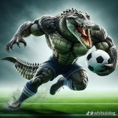 an alligator is kicking a soccer ball in the air with it's mouth open