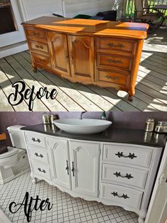 an old dresser turned into a bathroom vanity