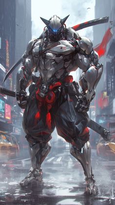 an animated robot standing in the middle of a city street with his arms outstretched and two swords