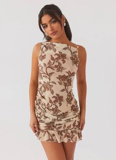 Pass The Prosecco Mini Dress - Hazel Bloom – Peppermayo US Sorority Rush Outfits, Rush Outfits, Stretch Mesh Fabric, Coachella Dress, Asymmetric Neckline, Long Sleeve Knit Dress, Beige Dresses, Brown Dress, Guest Outfit