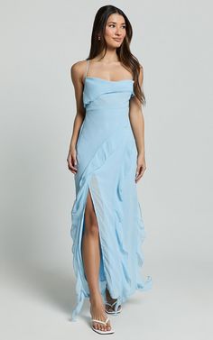 Connie Midi Dress- Ruffle Detail Dress in Blue | Showpo USA Blue Fitted Ruffle Dress For Party, Fitted Blue Ruffle Dress For Party, Fitted Ruffle Dress With Ruffle Hem For Bridesmaids, Blue Prom Dress With Ruffled Straps, Blue Sleeveless Ruffle Dress For Party, Blue Ruffle Dress For Summer Evening, Chic Blue Ruffle Dress For Party, Chic Bridesmaid Dress With Ruffled Skirt, Light Blue Ruffled Evening Dress