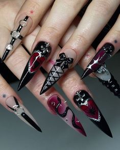 Goth Nails Valentines, Goth Punk Nails, Gothic Valentine Nails, Winter Goth Nails, Gothic Red Nails, Vampire Inspired Nails, Emo Valentines Nails, Red And Black Stiletto Nails, Revenge Nails