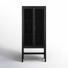 a tall black cabinet with two doors on one side and an open door on the other