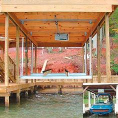 there is a small boat in the water under a covered dock with two people on it