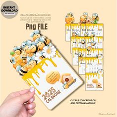 a calendar with bees and honey on it, next to a hand holding a piece of paper