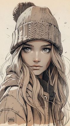 a drawing of a girl with long hair wearing a beanie and looking at the camera