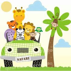 a car with animals in the back driving down a road next to a palm tree