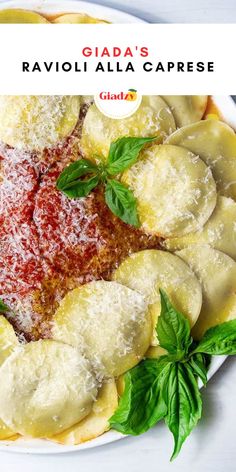 a close up of a plate of food with text overlay that reads glada's ravioli alla caprese