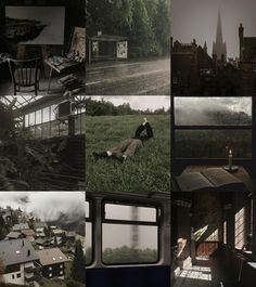 a collage of photos with houses and buildings in the background, including a person laying on the ground