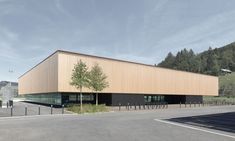 an artist's rendering of a large building with trees in the foreground and mountains in the background