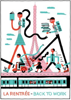 a poster with people walking and riding bikes in front of the eiffel tower