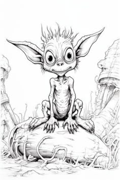 an ink drawing of a baby yoda sitting on top of a log