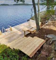 a wooden dock sitting on top of a lake