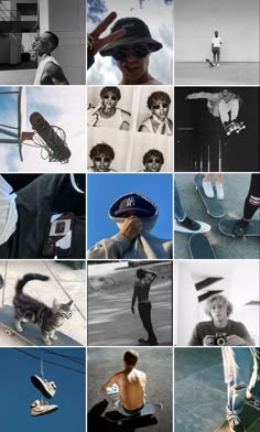 a collage of black and white photos with skateboarders