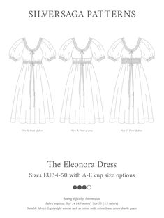 The Eleonora dress is a romantic summer dress inspired by vintage chemise dresses, but with a modern take that makes it more suitable for everyday wear. The dress is adjustable due to the tie and elastic at the neckline and waist and comes with A-E cup size options. Eleonora features gathered raglan sleeves with elasticated channel with ruffles. The gathered midi skirt has four panels, hidden pockets and are finished with a deep hem. View A-C: The neckline has ruffles and a channel that is adjustable with a tie and elastic. The waist also has an adjustable channel. View B: The bodice has elastic channel under the bust. View C: The bodice is cinched in with shirring above the waistline to create a flattering silhouette.This dress was my best selling design during S/S2022 and S/S2023. Size r Fibre Art, Chemise Dress, Romantic Summer, Clothes Collection, Pdf Sewing Patterns, A Romantic, Raglan Sleeve, Fiber Art, Sewing Pattern