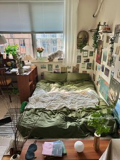 an unmade bed in a room with many pictures on the wall and a cat sitting on top of it