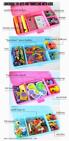 the instructions for how to organize toys in a pink box with blue trays on top