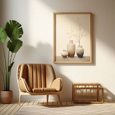 a living room scene with a chair and potted plant