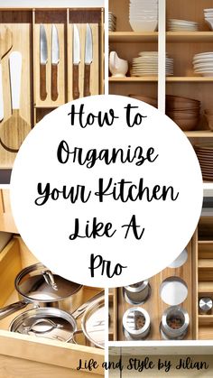 the words how to organize your kitchen like a pro are in black and white letters