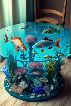 an aquarium table with fish and corals on the bottom is shown in this image