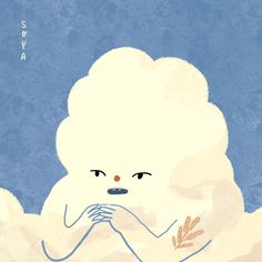 an illustration of a white fluffy cloud with eyes and hands covering its face, in front of a blue sky