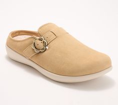 It's all about comfort and style with these suede mules. A functional flower petal buckle is oh-so cute, while arch and metatarsal support is good to your feet. From RevitalignTM. Slip-on Suede Clogs With Textured Sole, Suede Slip-on Clogs With Textured Sole, Suede Slip-on Clogs With Removable Insole, Flat Mules With Branded Insole, Medium Width, Beige Buckle Closure Slip-on Mules, Suede Mules, You Are Awesome, Flower Petals, Oxford