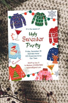 an ugly sweater party is on display in front of a knitted blanket with christmas decorations